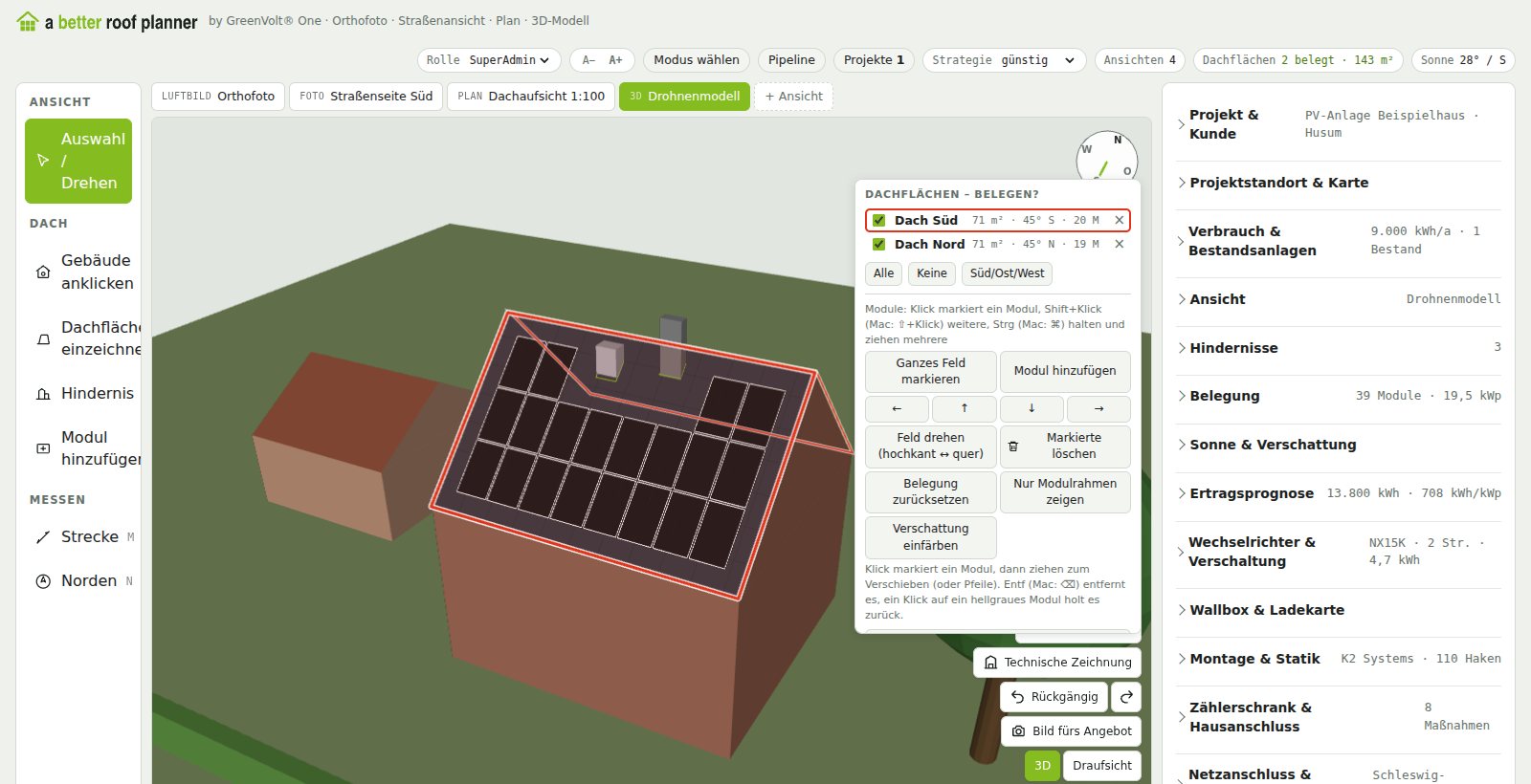 Planung im 3D-Modell mit belegten Dachflächen